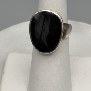 Vintage Sterling Silver Onyx Ring 925 Size 6 Smooth Bezel Set Statement